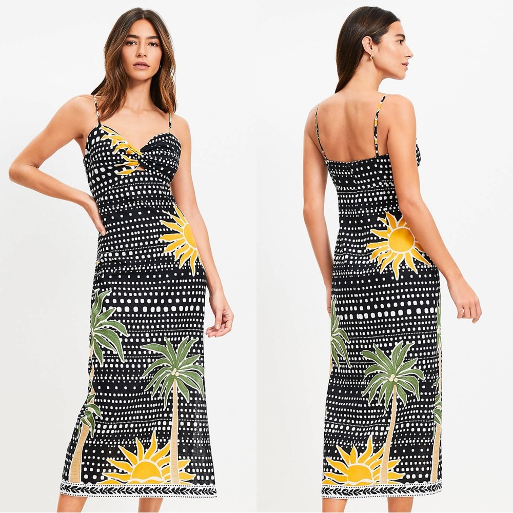 LOFT Black Midi Dress with Yellow Sun & Green Palm Print - Picture 2 of 12
